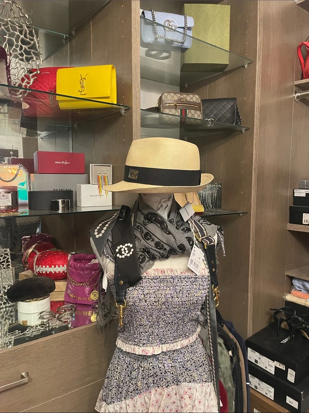 CHANEL Straw Trilby with Black Band and Gold CC Plaque